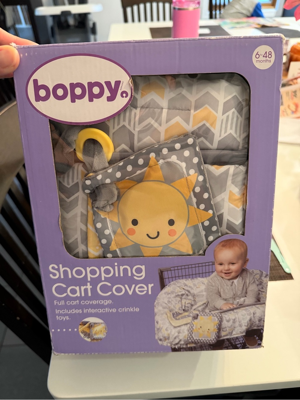 Boppy Gray and Yellow Shopping Cart Cover with Sun Toy